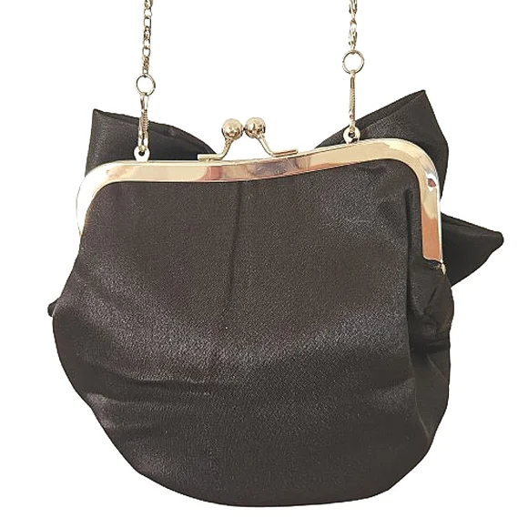 Black Satin Rhinestone Bow Evening Bag - Picture 3 of 6